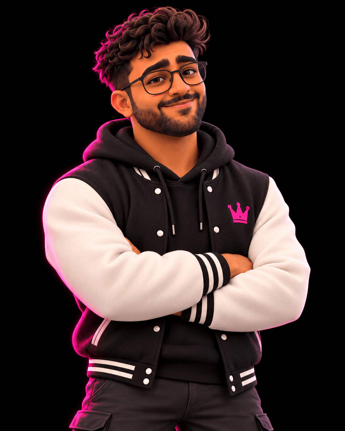 The Captain: curly hair, round glasses, arms crossed in a black and white varsity jacket with a pink crown