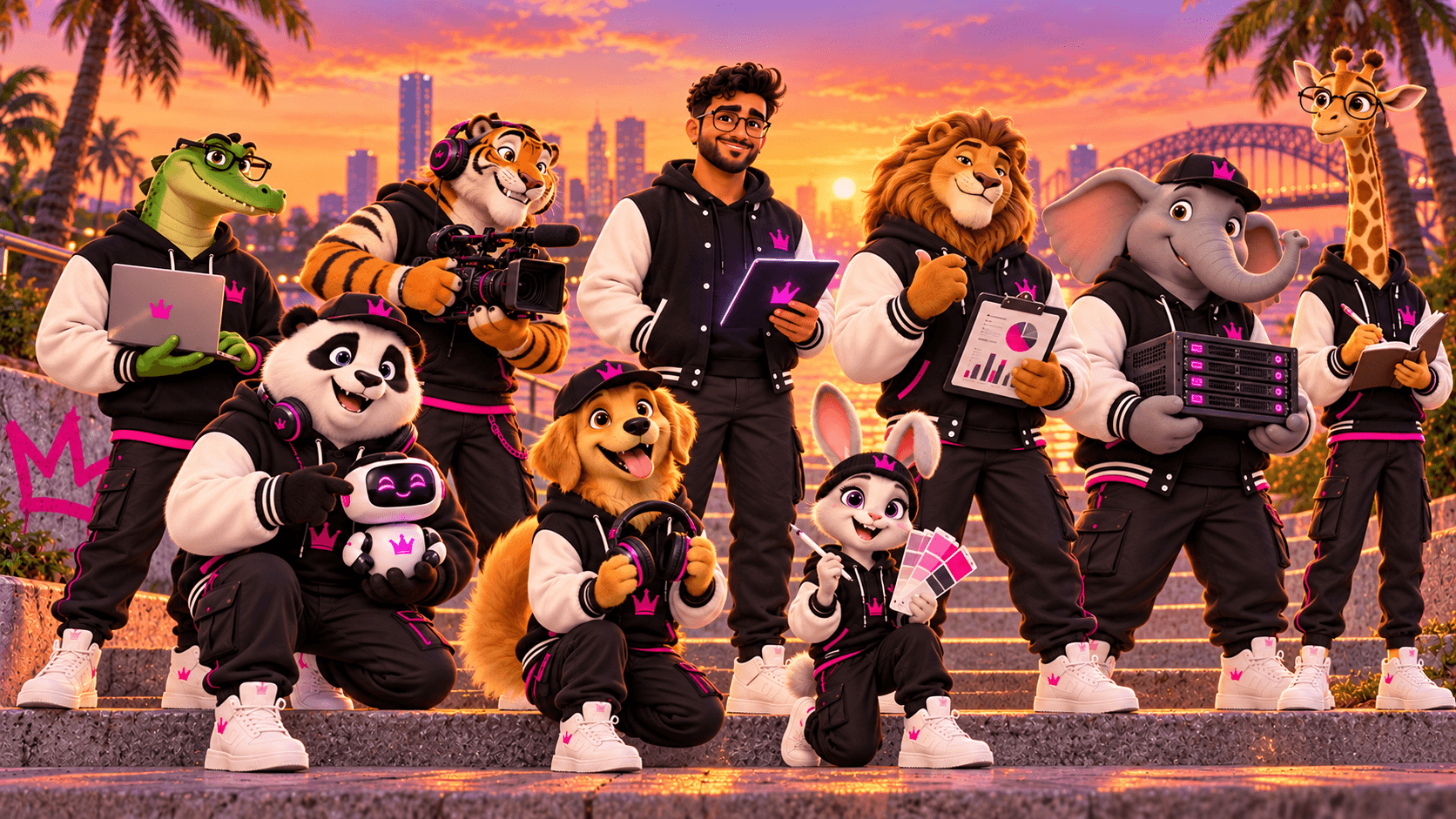 The Captain with eight animal crew members on sunset steps: a crocodile, tiger, panda, golden retriever, bunny, lion, elephant and giraffe, all in matching black varsity jackets