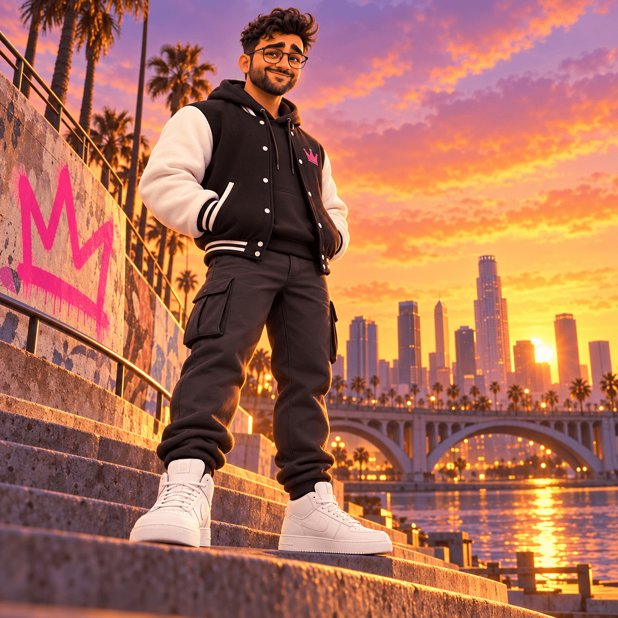 The Captain of Snappy Crew in a black varsity jacket, standing on waterfront steps at sunset next to a pink graffiti crown